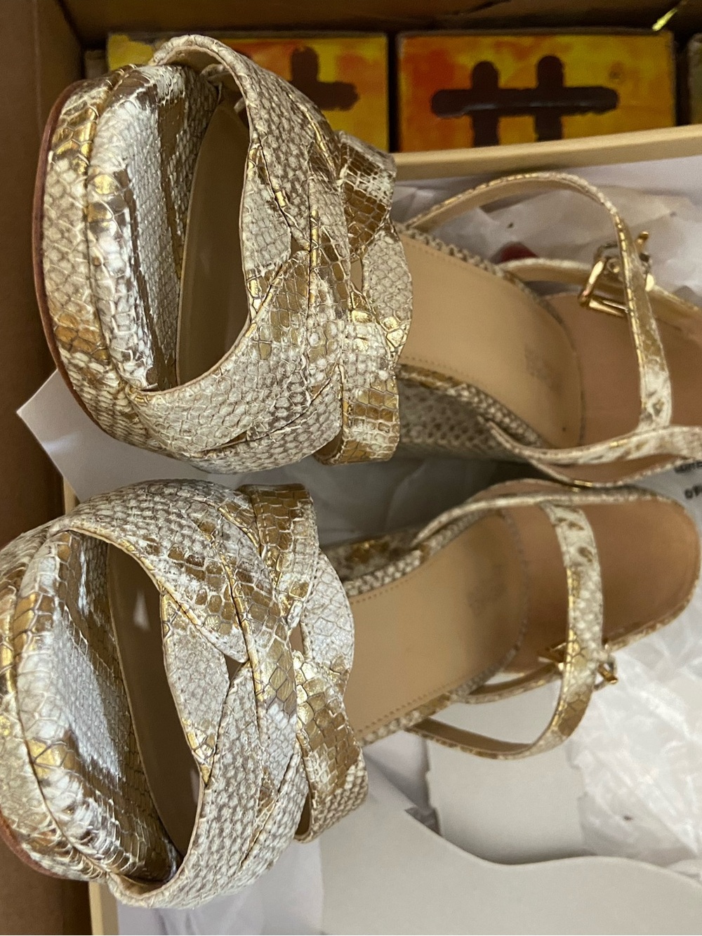 MICHAEL Michael Kors Gold and Cream Snakeskin-Print Heeled Sandals